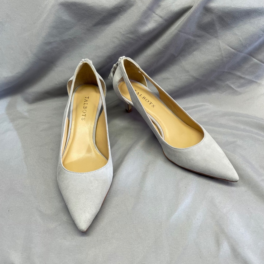 Talbots Womens Light Gray Suede Pointed Toe Tassel Kitten Heel Pumps Size 7.5 M